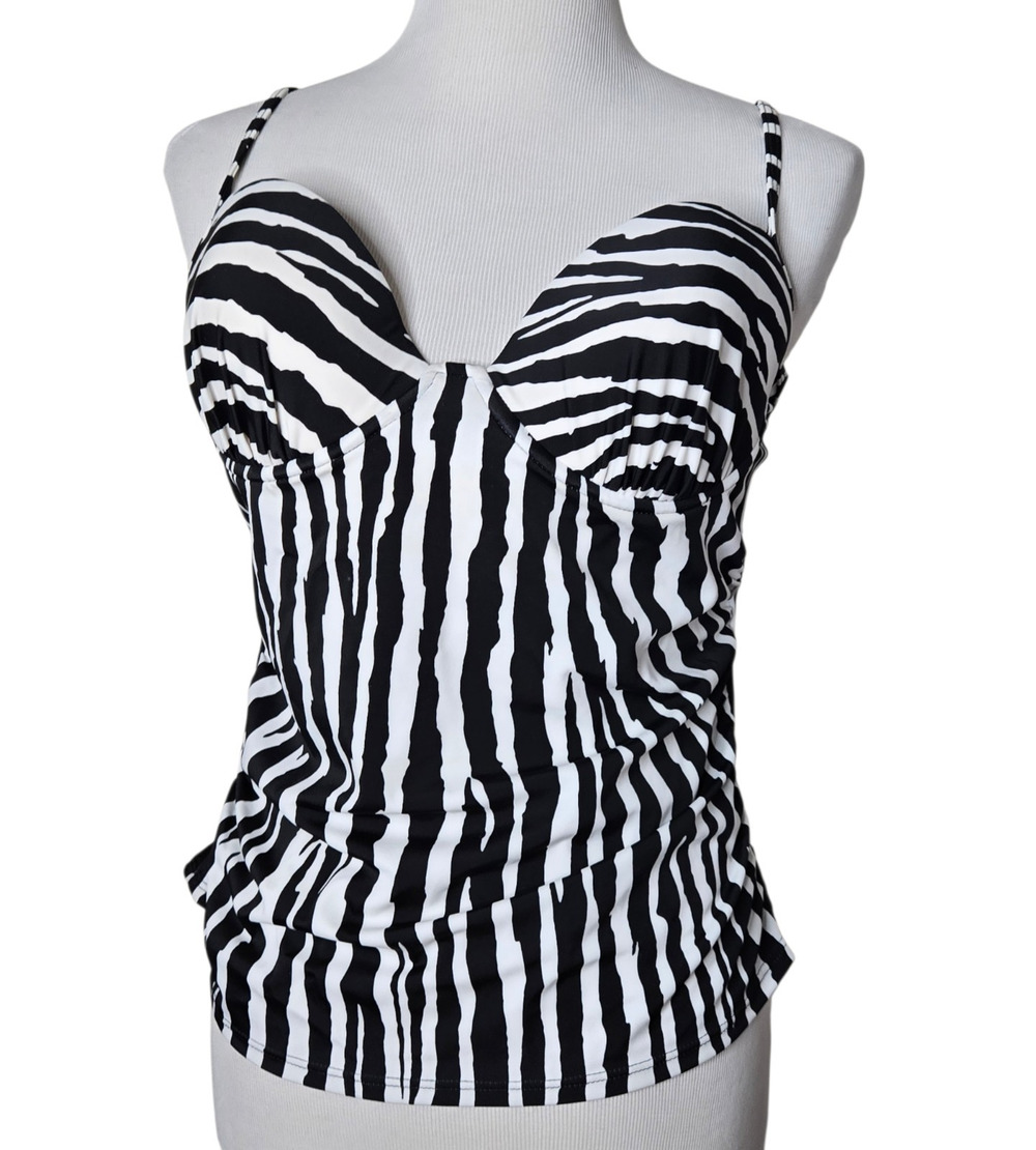 VTG Spiegel Swim Tankini Top Black White Zebra Print Stripe Size 16 Y2K Ruched
